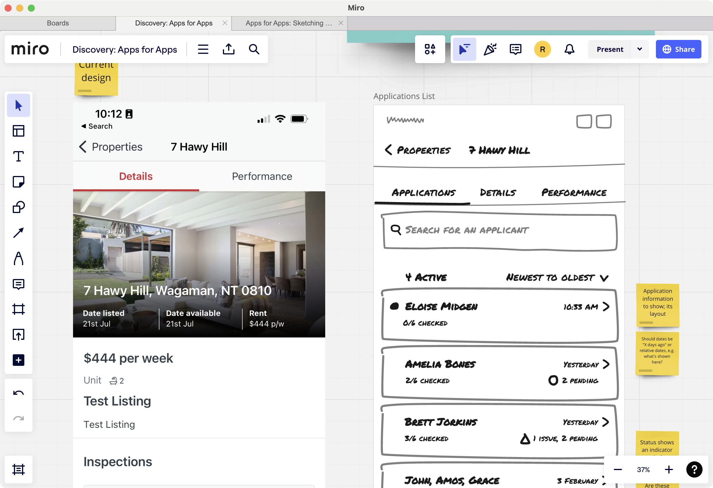 Low-fidelity wireframe sketches with stakeholder annotations