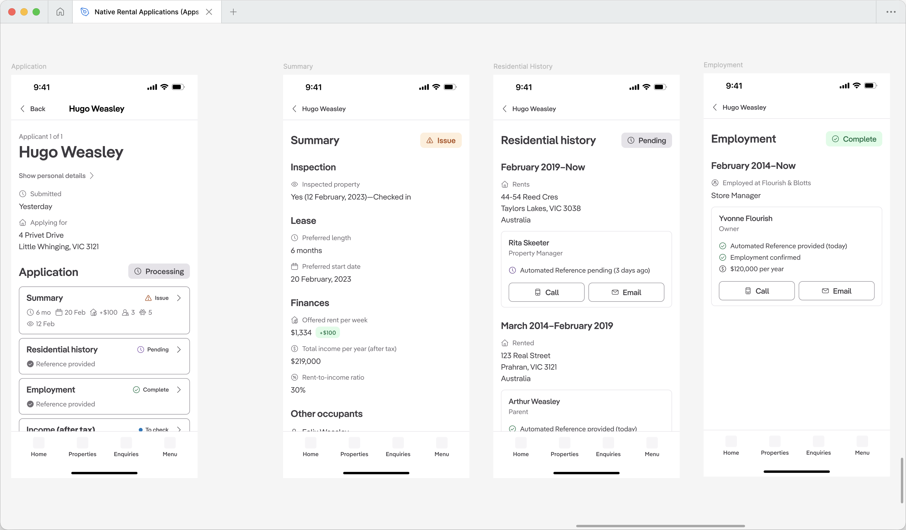 Screenshots showing push navigation into detailed application views
