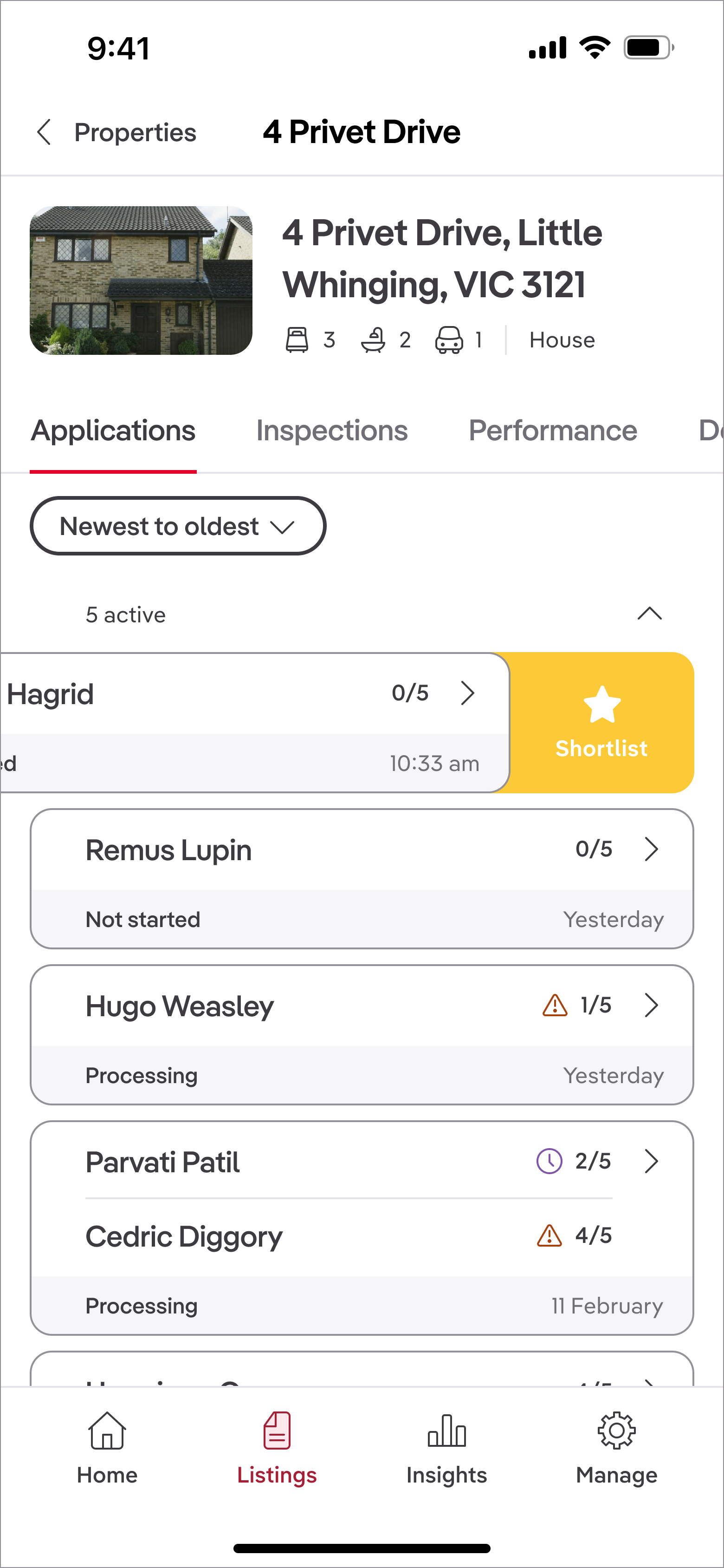 Swipe gesture revealing shortlist action