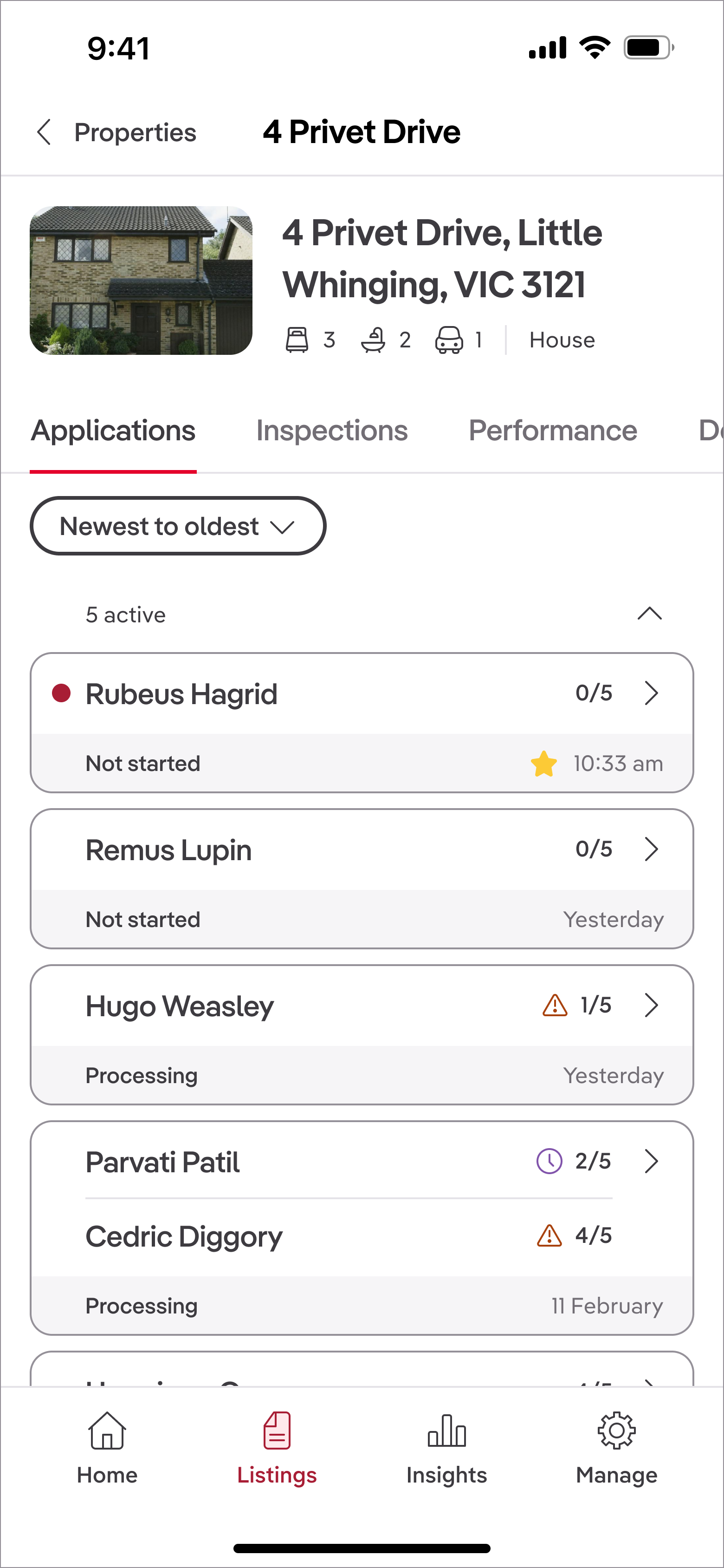 Application card with yellow star indicating shortlist