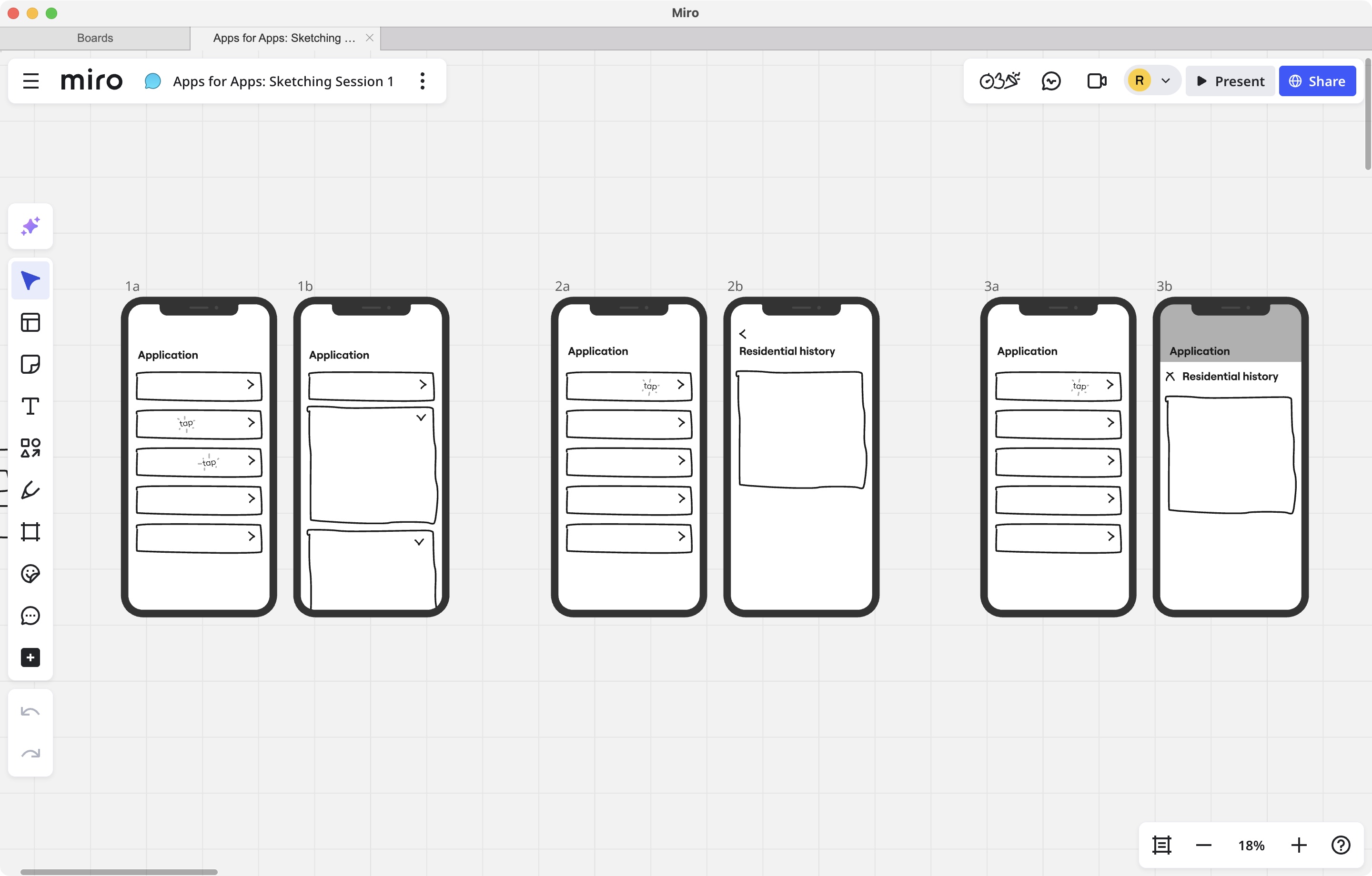 Three explorations of application detail designs: expandable sections, push navigation, and modal overlays.